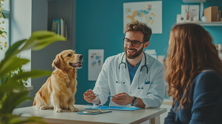 A friendly vet explaining treatment options to a pet owner, using a colorful diagram in a well-lit consultation room, emphasizing communication in veterinary practice.の素材