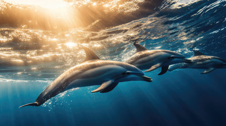 A family of dolphins swimming together near the surface, creating a stunning display of teamwork and companionship, with sunlight shimmering through the waves.の素材