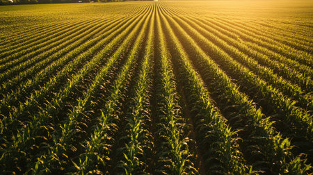 A drone's aerial view of a sprawling corn farm, with neatly arranged rows of corn plants stretching into the distance, showcasing the scale of agriculture.の素材