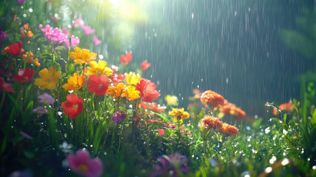 A lush floral landscape after a rain shower, with colorful flowers and droplets glistening in the sunlight, capturing the vibrant essence of nature.の素材