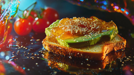 A golden-brown slice of toasted bread topped with creamy avocado and sprinkled with sesame seeds, beautifully plated with a side of fresh cherry tomatoes, showcasing a healthy breakfast option.の素材