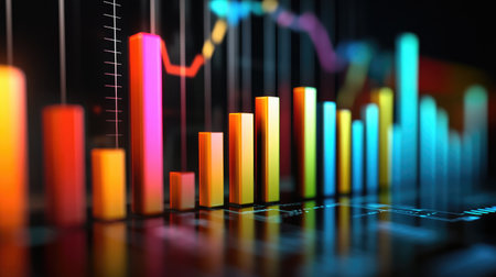 A dynamic D bar graph with colorful segments rising sharply against a dark background, symbolizing impressive business growth and financial success.の素材