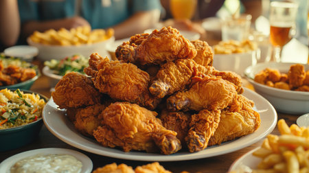 A festive dinner party with friends gathered around a table filled with platters of fried chicken, sides, and drinks, showcasing the joy of celebration and delicious food.の素材