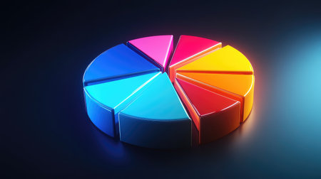 A dynamic D pie chart with glowing segments, illustrating various financial metrics, with depth and shadows for a realistic, high-impact presentation.の素材