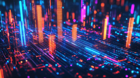 A futuristic D bar graph with glowing edges and vibrant colors, set in a digital environment, representing advanced analytics and data visualization.の素材