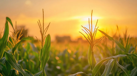 A picturesque sunset over a cornfield, with golden light illuminating the corn plants, creating a serene and peaceful agricultural scene.の素材