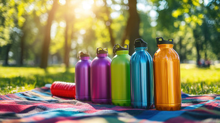 A group of colorful reusable water bottles arranged on a picnic blanket in a sunny park, promoting eco-friendly hydration and outdoor lifestyle.の素材