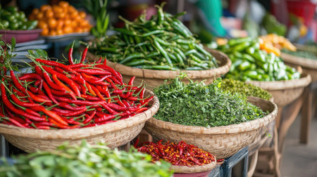 A farmer's market stall displaying an array of fresh herbs and chili peppers, capturing the essence of local produce and the foundation of flavorful Thai dishes.の素材