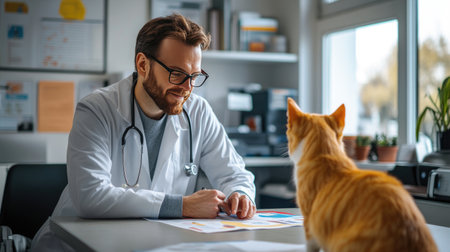 A friendly vet explaining treatment options to a pet owner, using a colorful diagram in a well-lit consultation room, emphasizing communication in veterinary practice.の素材
