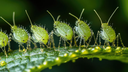 A group of tiny aphids gathered on a leaf, creating a fascinating display of insect life as they feed and interact in their micro-world.の素材