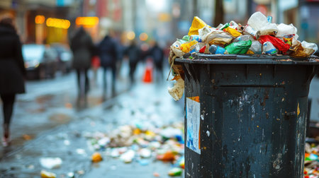 A public trash bin overflowing with litter in a busy urban area, highlighting the need for better waste management and environmental awareness.の素材