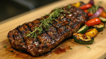 A perfectly grilled steak served on a wooden cutting board, garnished with fresh herbs and a side of colorful grilled vegetables, showcasing a mouthwatering presentation.の素材