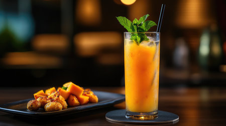 A refreshing mango lassi in a tall glass, adorned with mint leaves, placed next to spicy Indian snacks, illustrating the perfect pairing of drinks and food.の素材