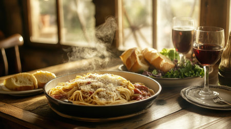 A rustic wooden table adorned with a steaming pot of spaghetti, garlic bread, and a side salad, creating a warm and inviting family dinner atmosphere.の素材