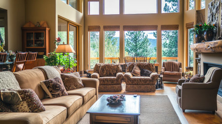 A spacious living room filled with natural light from large windows, featuring a comfy couch, stylish armchairs, and decorative plants, promoting a welcoming atmosphere.の素材