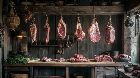 A rustic butcher shop showcasing various cuts of meat hanging from hooks, highlighting the craftsmanship and tradition behind butchery and meat preparation.の素材