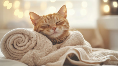 A serene shot of a cat enjoying a bath, with soft towels and gentle pet shampoo on the side, creating a cozy atmosphere that emphasizes relaxation and care.の素材