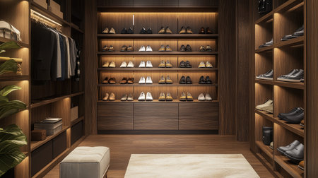 A sleek, multi-tier shoe rack in a hallway, showcasing a collection of high-end fashion footwear, blending style and practicality in home design.の素材