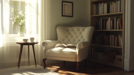 A serene bedroom corner with a cozy armchair, a small bookshelf, and a side table with a cup of tea, perfect for reading and unwinding after a long day.の素材