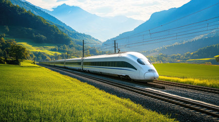 A sleek high-speed train gliding along a scenic landscape, with mountains in the background and green fields, showcasing the beauty of modern rail travel.の素材