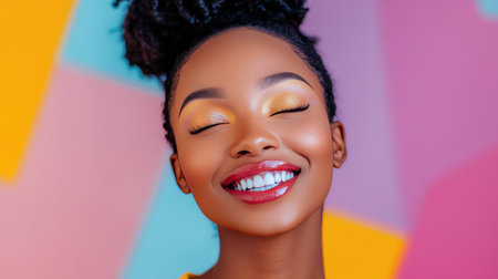 A smiling woman with perfectly blended eyeshadow and mascara, posing against a colorful background, celebrating her artistry in makeup and self-expression.の素材