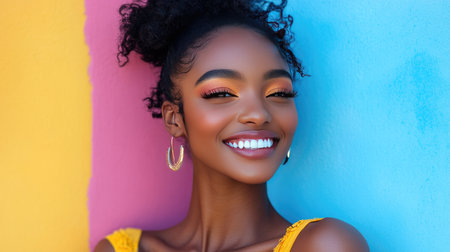 A smiling woman with perfectly blended eyeshadow and mascara, posing against a colorful background, celebrating her artistry in makeup and self-expression.の素材