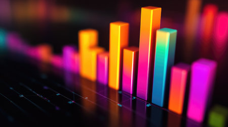 A dynamic D bar graph with colorful segments rising sharply against a dark background, symbolizing impressive business growth and financial success.の素材