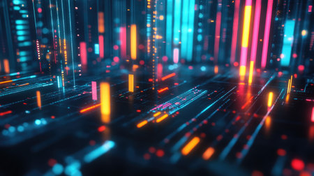 A futuristic D bar graph with glowing edges and vibrant colors, set in a digital environment, representing advanced analytics and data visualization.の素材
