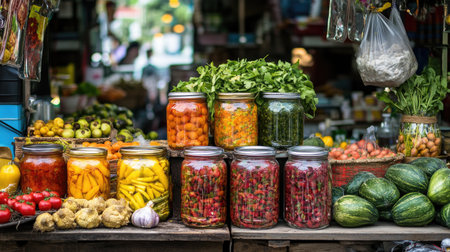 A lively Thai market stall showcasing jars of different , surrounded by fresh produce, emphasizing the diversity and richness of flavors found in local culinary culture.の素材