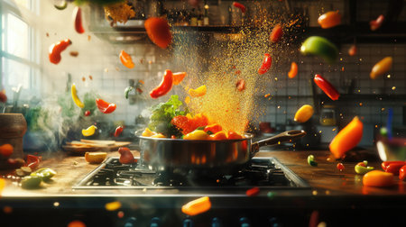 A lively shot of a chef stirring a pot on the stove, with vibrant colors of spices and vegetables flying around, capturing the energy of a bustling kitchen.の素材