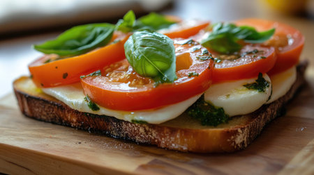 A delicious open-faced sandwich topped with sliced tomatoes, fresh basil, and mozzarella, highlighting the simplicity and flavor of classic Mediterranean ingredients.の素材
