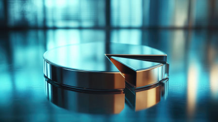 A metallic D pie chart with polished sections, each representing a portion of a company's financial portfolio, set against a futuristic background.の素材