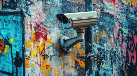 A creative image of a CCTV camera surrounded by colorful graffiti art on a city wall, illustrating the contrast between security technology and urban creativity.の素材