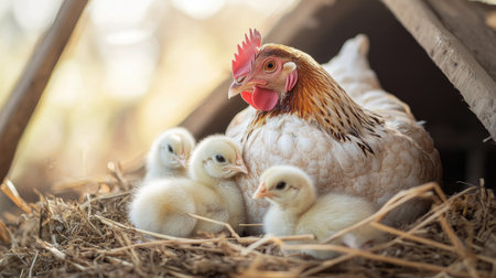 A close-up of a mother hen nesting in a cozy straw bed with her chicks snuggled close, illustrating the nurturing side of nature in a farm setting.の素材