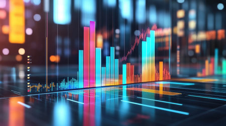 A multi-colored D bar chart displayed on a transparent digital board, illustrating business trends and data insights in a sleek, high-tech setting.の素材