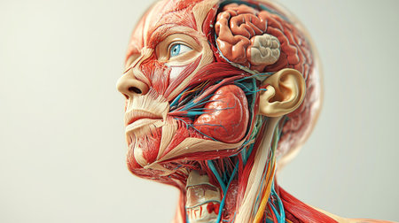 A detailed anatomical illustration of the human body highlighting major organs and systems, showcasing the complexity and beauty of human anatomy for educational purposes.の素材