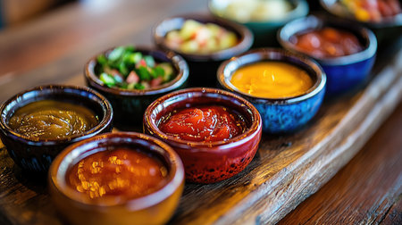 A close-up of a colorful array of sauces in small bowls, including ketchup, mustard, barbecue, and salsa, beautifully arranged on a rustic wooden table for a summer barbecue.の素材