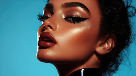A portrait of a woman with bold makeup, featuring dramatic eyeliner and shimmering highlighter, emphasizing her unique style and personality.の素材
