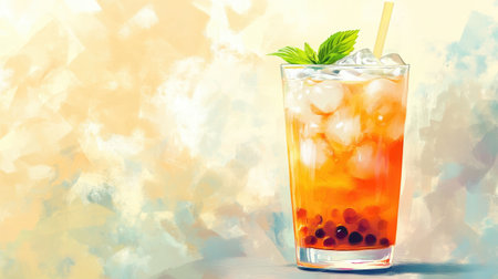 A refreshing glass of iced milk tea with tapioca pearls, beautifully layered with vibrant colors, garnished with a sprig of mint, inviting viewers to indulge in this popular drink.の素材