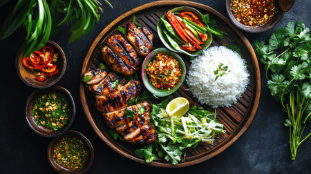 An overhead view of a Thai meal including a generous portion of Som Tum and beautifully grilled chicken thighs, with a side of sticky rice and fresh vegetables.の素材