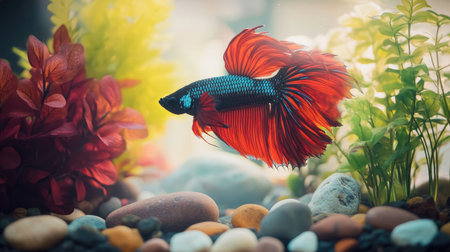 A beautifully arranged aquarium featuring a Betta fish amidst colorful plants, pebbles, and decorations, capturing the essence of an aquatic ecosystem.の素材