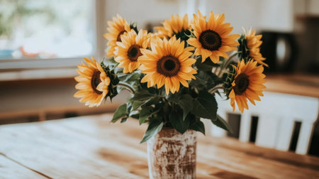 A bouquet of sunflowers arranged in a rustic vase, with bright yellow blooms contrasting against a wooden table and a simple, natural background.の素材
