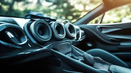 An interior shot of a modern car with multiple speakers visible, highlighting their sleek design and placement throughout the vehicle's cabin.の素材