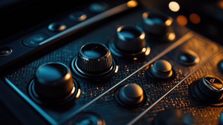 A close-up of a car speaker's control panel with knobs and buttons, showcasing the audio settings and features in a well-lit, focused shot.の素材