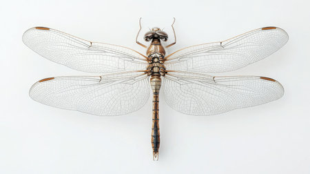 An image of a dragonfly with translucent wings and detailed body, captured in high resolution on a white background to emphasize its delicate features.の素材