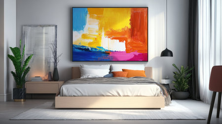 A bedroom featuring a modern platform bed with a sleek design, accompanied by minimalist decor and a large abstract painting above the bed.の素材