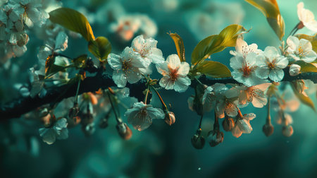A close-up of a branch covered in cherry blossoms with fresh green leaves peeking through, capturing the vibrant colors and textures of the sakura season.の素材