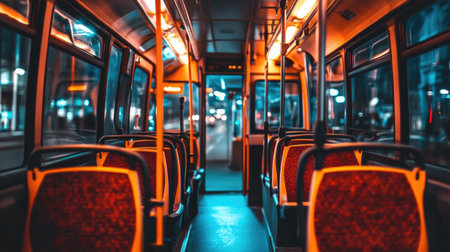 An empty city bus at night, with dimmed interior lights and dark, quiet streets outside, creating a calm and peaceful atmosphere.の素材