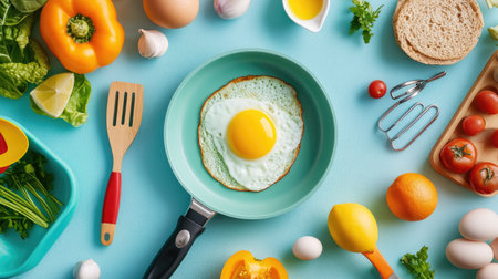 A cheerful breakfast scene featuring a fried egg in a quirky-shaped frying pan, surrounded by colorful kitchen utensils and fresh ingredients, adding a fun twist to morning routines.の素材