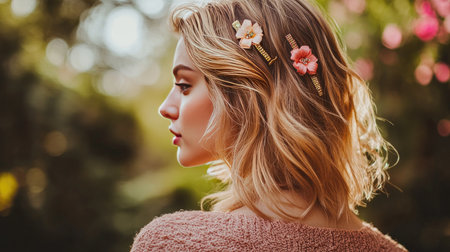 A fashion blogger showcasing a variety of hair clips in a styled photo shoot, featuring different styles and colors to inspire hair accessory choices.の素材